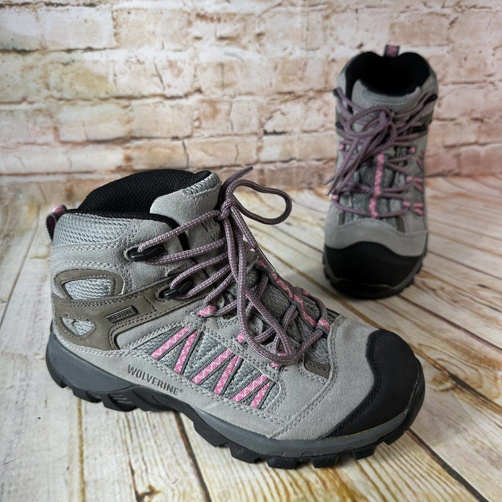 Wolverine Women Size 7 Grey Pink Brown Leather Hiking Boots Shoes Waterproof EUC